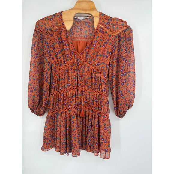 Rebecca Minkoff Caden Printed Floral Long‎ Sleeve Tiered Ruffle Boho Dress Sz L - Picture 2 of 10